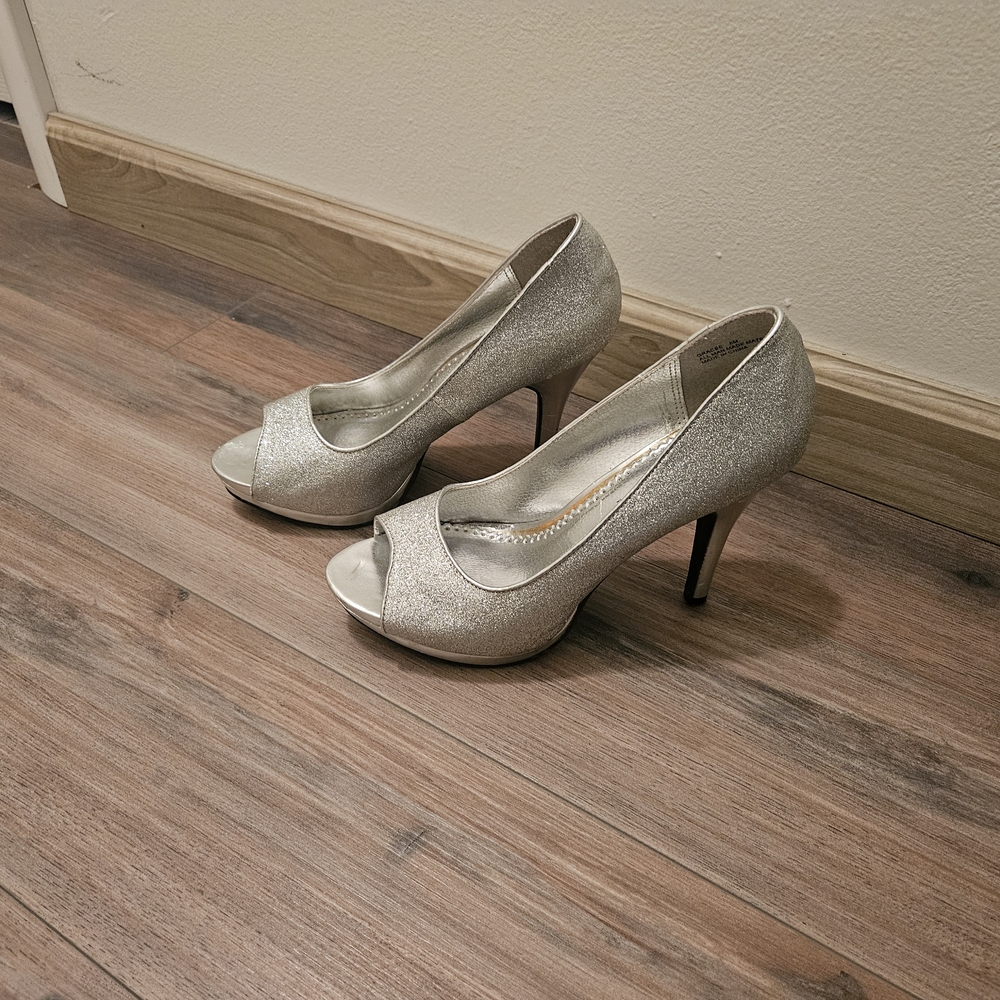 Rampage Shimmering Silver Peep-Toe Heels